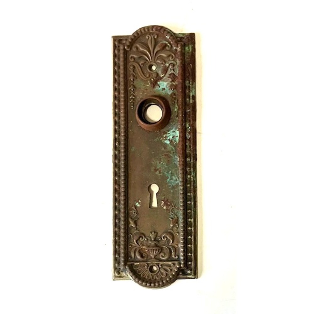 Antique Vintage Door Escutcheon Plate w Beaded Border, Floral Motifs & Key Hole